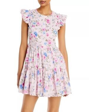 AQUA Mini Dress Women's Size Large Rose Eyelet Pink Blue Floral Cottagecore Boho
